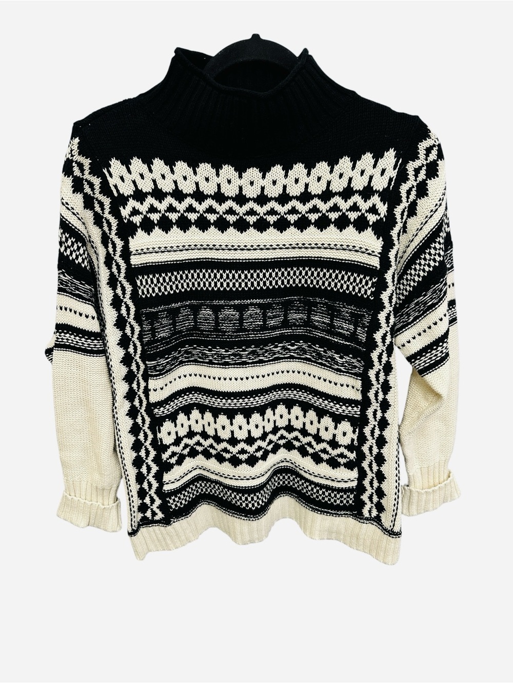 Chaps black and ivory geometric striped mock neck sweater Size L preppy classic